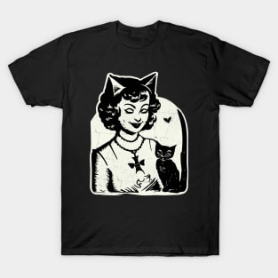 Vintage Halloween Girl and Black Cat T-Shirt